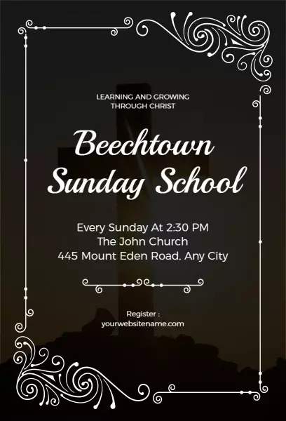 Beechtown Sunday School black vintage scrollwork church invitation template