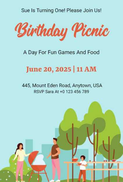 A light blue birthday picnic invitation featuring a family illustration from picnic invitation template