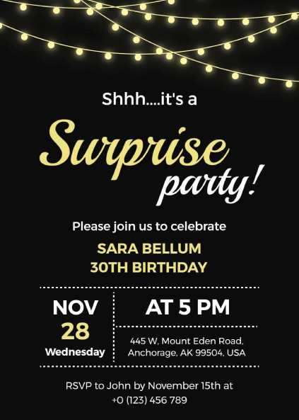 Black and string-lights surprise party invitation template with yellow accents
