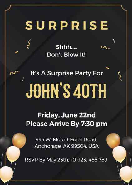 Black and gold surprise party invitation template with balloons and modern typography