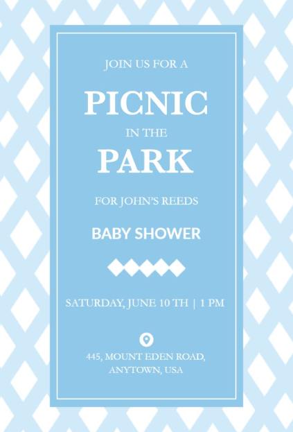 Blue baby shower picnic invitation template with a soft patterned background