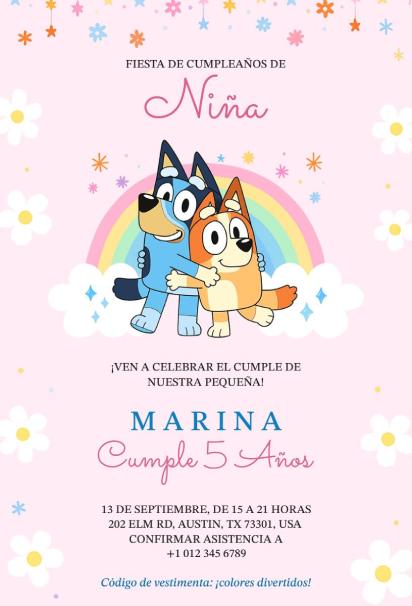 Cute Bluey-themed Fiesta invitation template for a girl’s 5th birthday party