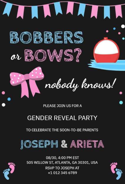 Black fishing-themed gender reveal invitation with pink and blue accents
