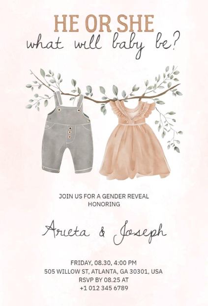 Neutral-toned gender reveal invitation featuring baby clothes hanging on a branch