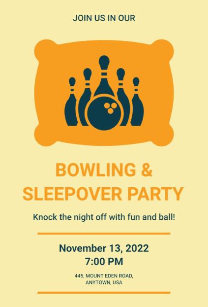 bowling & sleepover invitation template with bold orange pillow frame and navy bowling pins