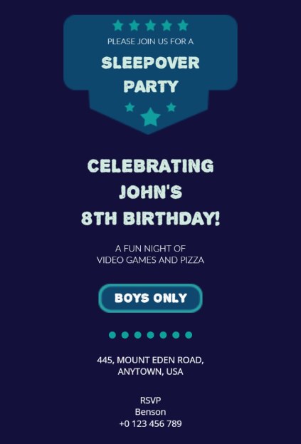 boys only gaming sleepover invitation template with fun video game theme