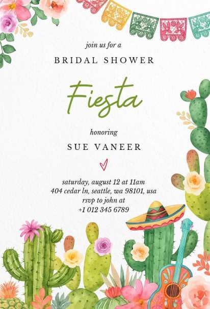 Watercolor cactus fiesta invitation template for a bridal shower event