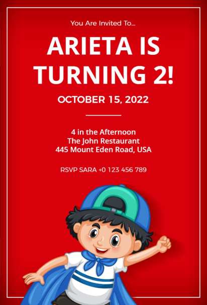 Bright red superhero birthday invitation template with cartoon boy