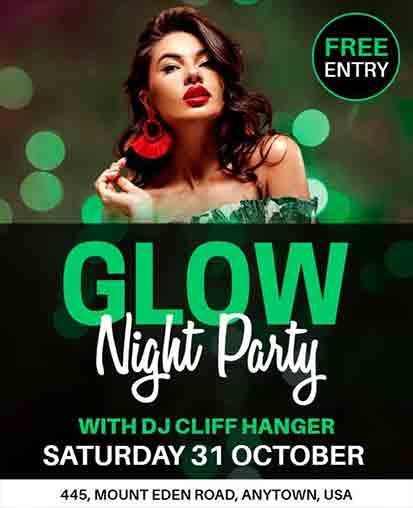 Green glow night party invitation with bokeh background and portrait