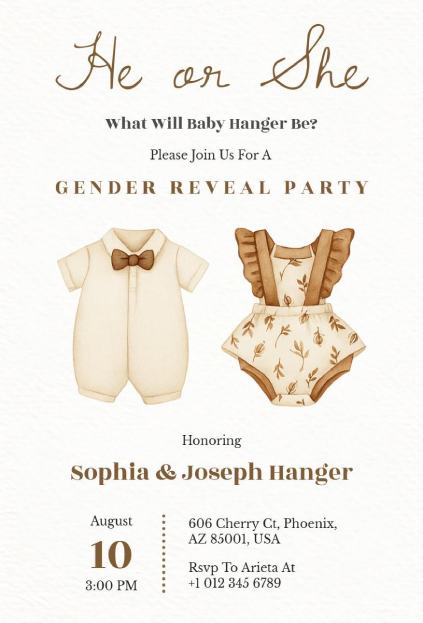 Elegant neutral-toned gender reveal invitation featuring baby outfits in beige and brown
