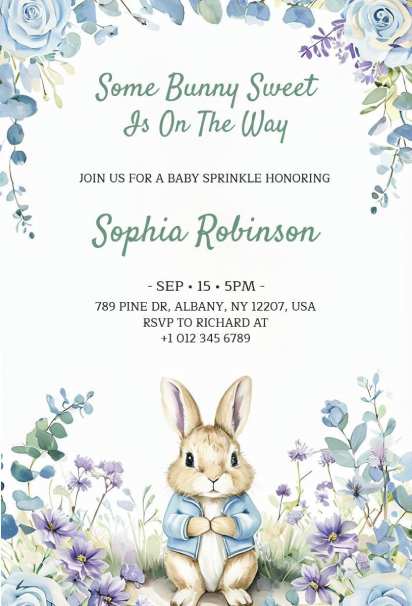 rabbit-themed baby sprinkle invitation template with blue floral border and cute bunny illustration