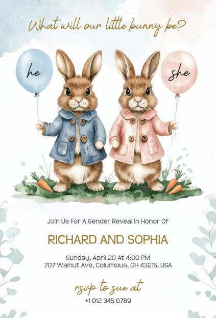 Cute bunny-themed gender reveal invitation with pastel balloons
