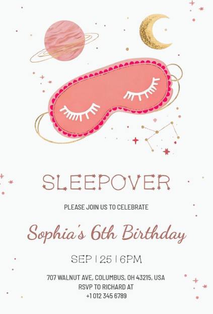 celestial sleepover invitation template with coral sleep mask, planets, and constellation accents