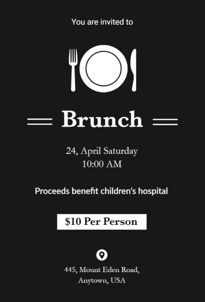 Charity fundraiser brunch invitation template with black and white design and cutlery icon