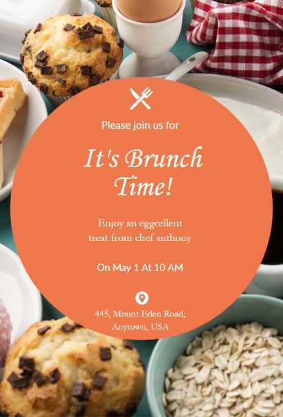 Circular brunch invitation template with coral overlay and breakfast spread