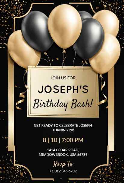 black and gold birthday invitation with black and gold balloons