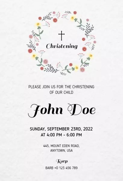 Child Christening coral and yellow floral church invitation template