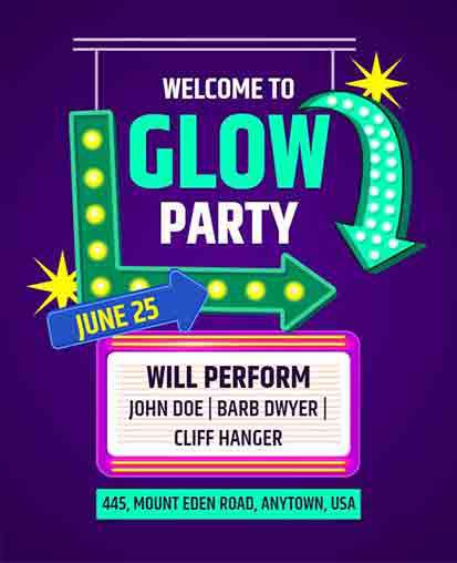 Purple and green glow party invitation with bright marquee-style arrows