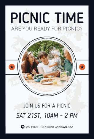 Classic family picnic invitation template with a group enjoying food at a table