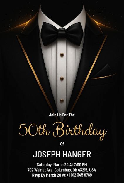 black and gold birthday invitation with tuxedo suit design