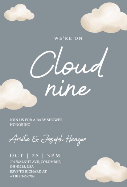 Cloud nine baby shower cloud invitation template with minimalist design