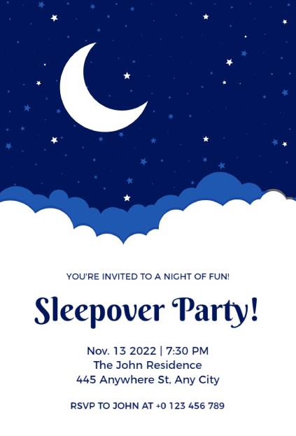cloudy moon sleepover invitation template with classic navy sky and glowing crescent moon