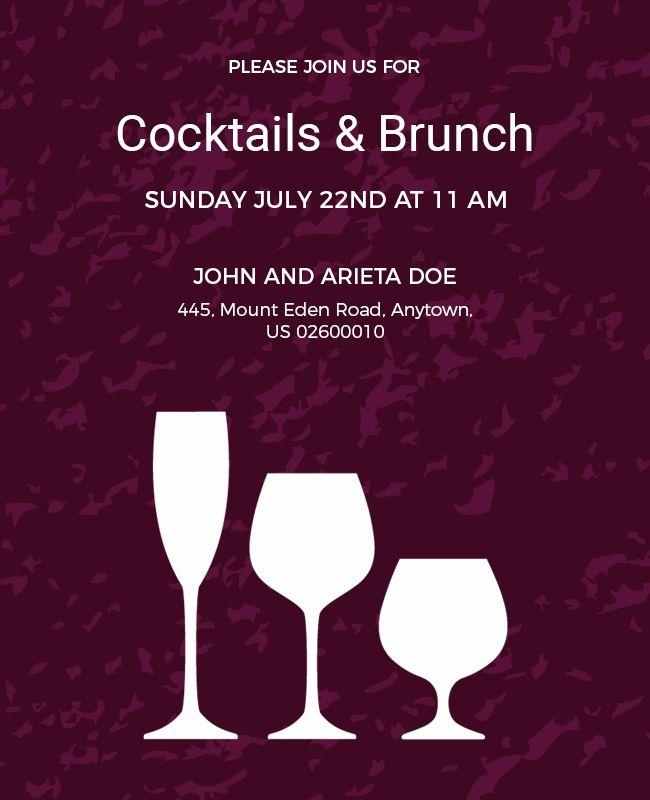 Cocktail brunch invitation template with burgundy background and white glass silhouettes