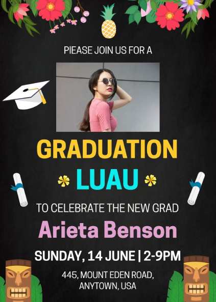 Stylish graduation Luau invitation featuring a photo section and tropical accents