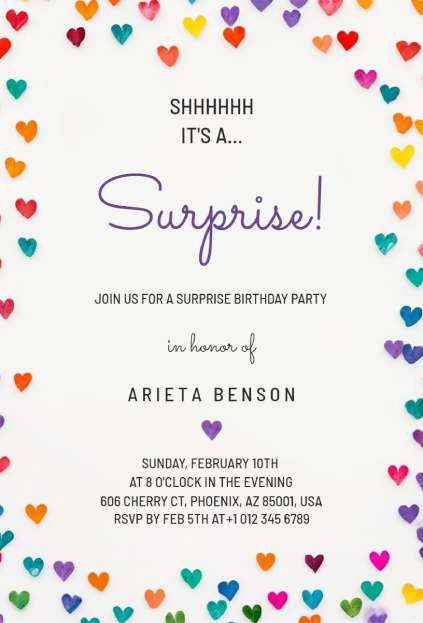 Colorful hearts surprise party invitation template with bright border accents