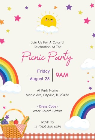 Rainbow-themed picnic invitation template with bright stars and a sunny illustration