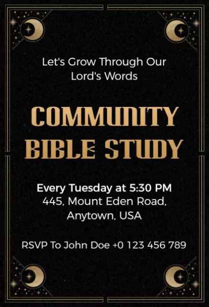 Community Bible Study black-and-gold design celestial church invitation template