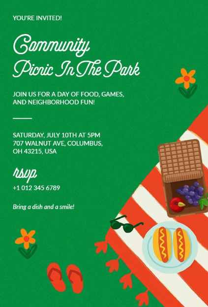 Community picnic invitation template with blanket, snacks, and park elements