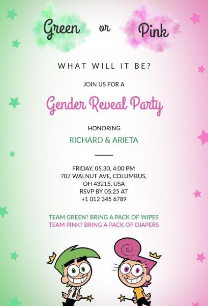 Fun cartoon-inspired invitation in green and pink for a playful gender reveal party
