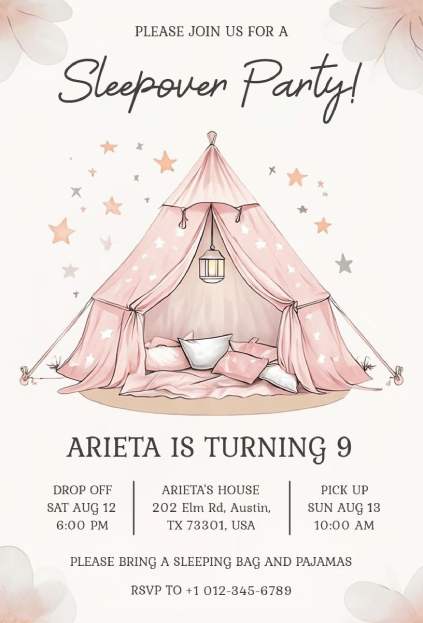 cozy pastel sleepover invitation template with blankets, slippers, and soft mint-and-blush tones