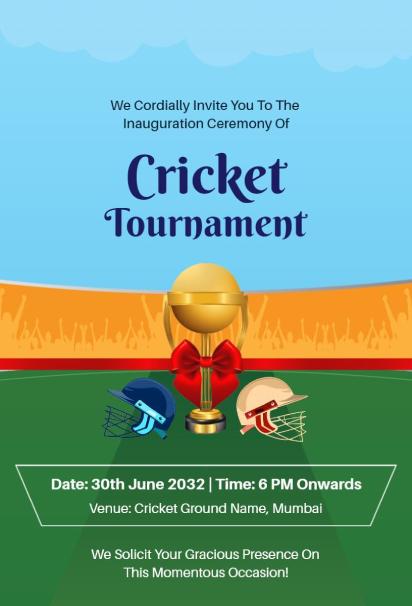Cricket tournament sports invitation template with blue sky and golden trophy