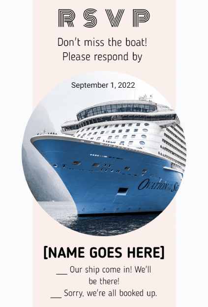 Cruise Ship Wedding Rsvp invitation template with ocean liner photo and fun response options