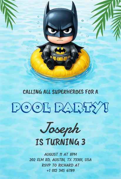 Cute Batman pool party superhero birthday invitation template
