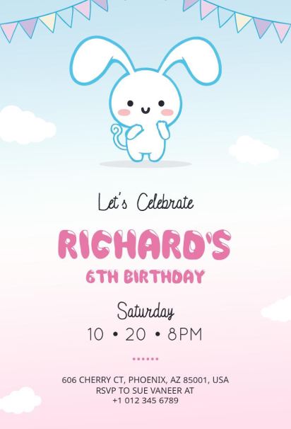 cute bunny cloud invitation template with pastel sky background