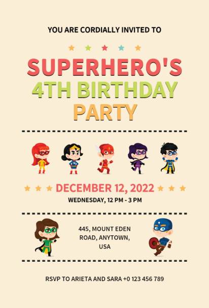 Superhero birthday invitation template with cute cartoon superhero characters