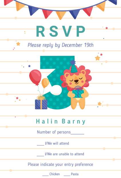 Cute lion 3rd birthday RSVP invitation template with balloons