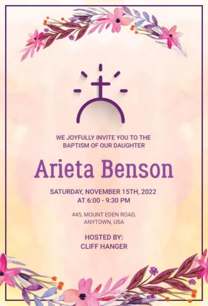 Daughter’s Baptism purple floral watercolor church invitation template