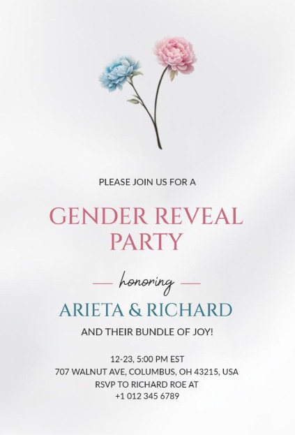 Minimal gender reveal invite with pink and blue flowers