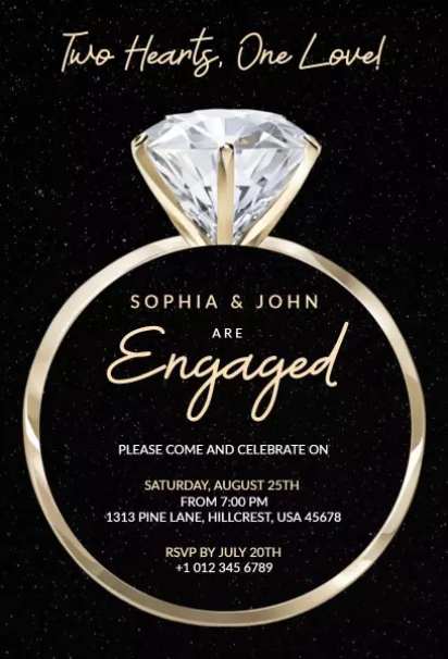 Elegant engagement invitation template featuring a sparkling diamond ring 