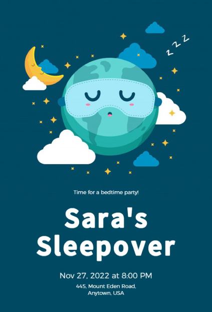 earth bedtime sleepover invitation template with cute Earth and floating moons