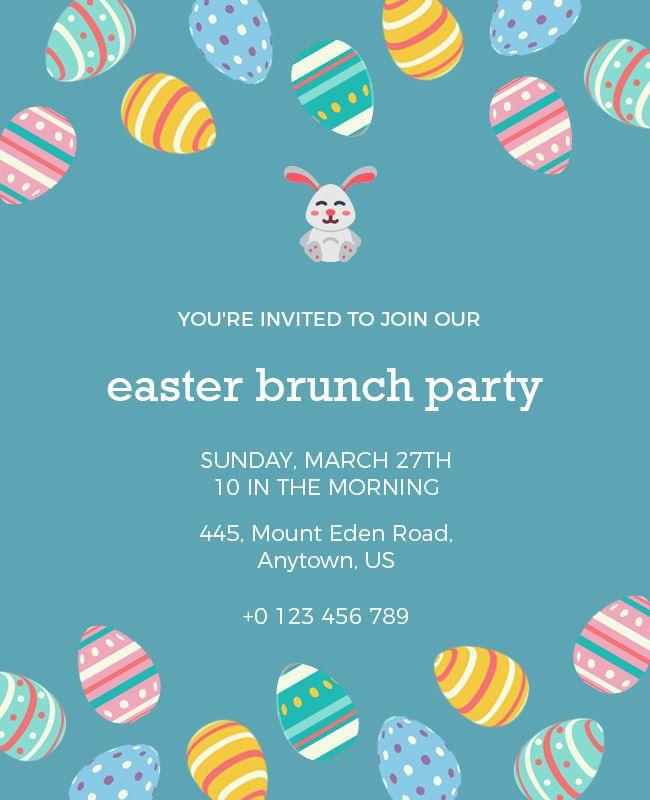 Easter brunch invitation template with colorful eggs and playful bunny illustrations