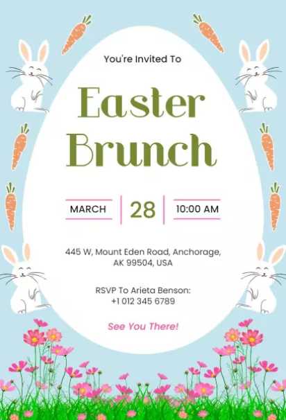 spring brunch invitation template with playful bunnies and pastel colors for easter brunch