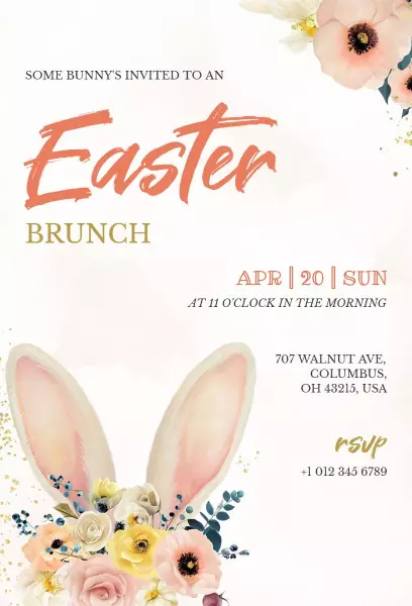 spring brunch invitation template featuring soft florals and bunny accents for easter gatherings