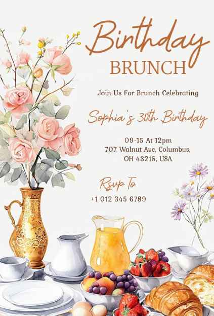 Elegant birthday brunch invitation template with pink roses, eucalyptus, and brunch spread