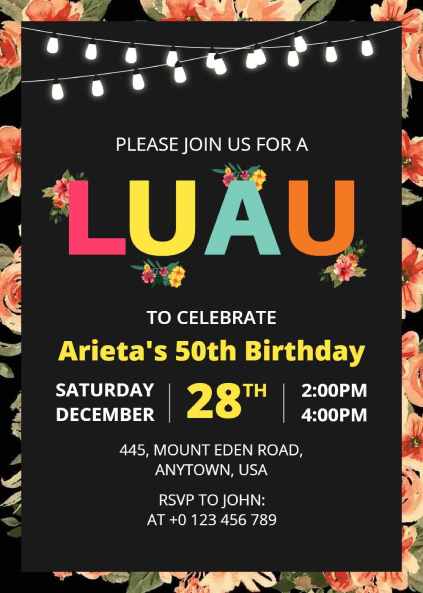 Chic luau birthday invitation with floral pattern on black background