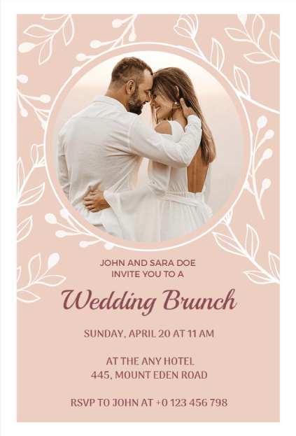 Circular photo wedding brunch invitation template with blush background and botanical frame
